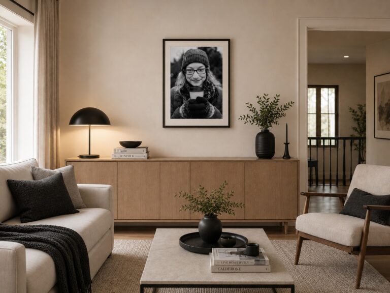 Framed portrait in a living room