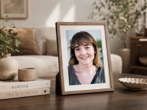 Framed portrait in a living room on a coffee table